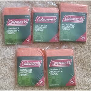 Coleman Disposable Emergency Poncho Lot of 5 Waterproof New in Pack Orange